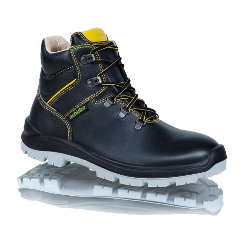 SCHÜTZE 6483 Stahlbau Profi S3 Sicherheitsstiefel aus schwarzem Leder mit gelben Details, Stahlkappe, Durchtrittschutz, Lederinnenfutter und rutschhemmender Sohle