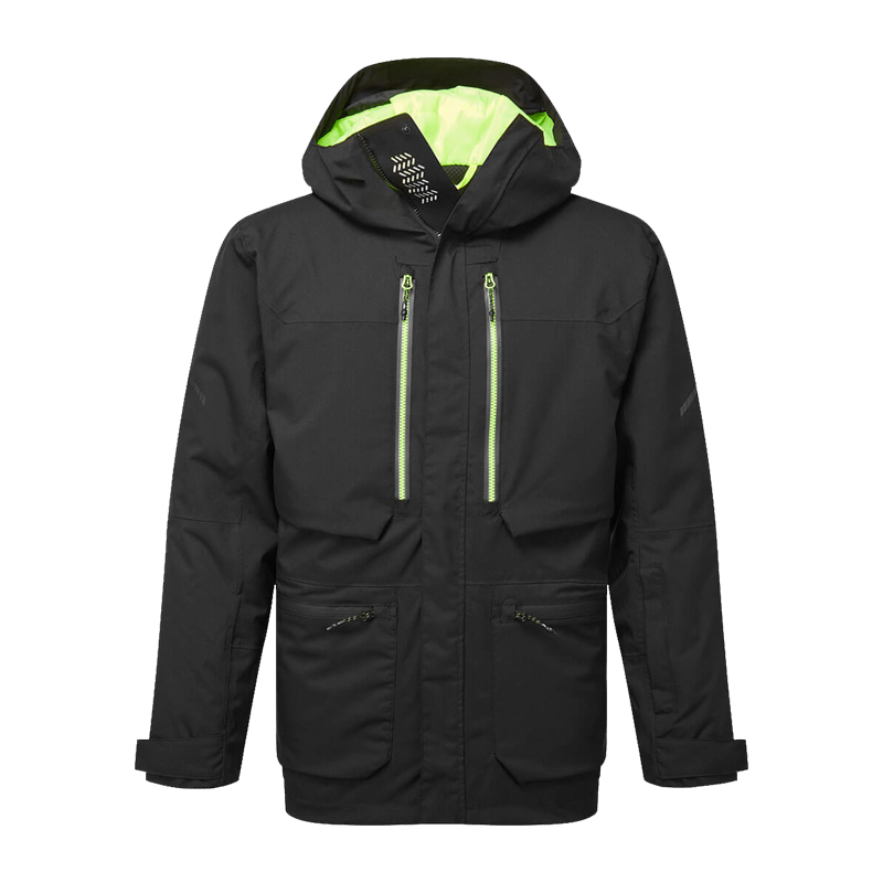 PortWest Arbeitsjacke in Schwarz mit Kapuze, grünen Reißverschluss-Details und mehreren Taschen, robuste Outdoor- und Wetterschutzjacke