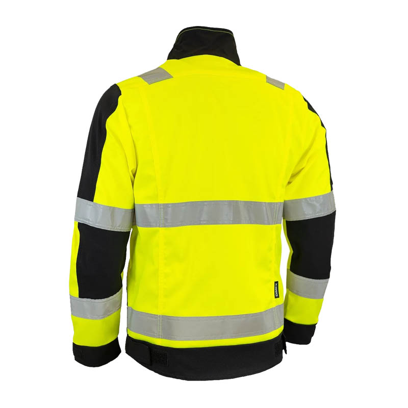 Rückansicht der Dimex 6133 Warnschutz Stretch Jacke Klasse 2 in Gelb-Schwarz mit Reflexstreifen, atmungsaktiv, flexibel sowie wasser- und schmutzabweisend für Baustelle und Arbeit