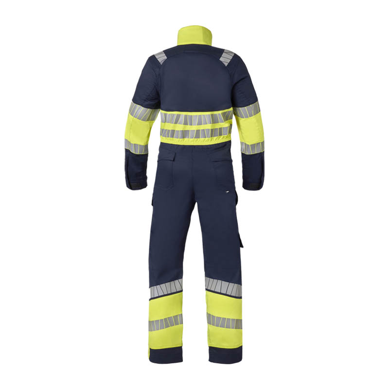 Rückansicht eines HaVeP Warnschutz-Overalls in Marineblau und Neongelb mit umlaufenden Reflexstreifen an Armen, Rücken und Beinen