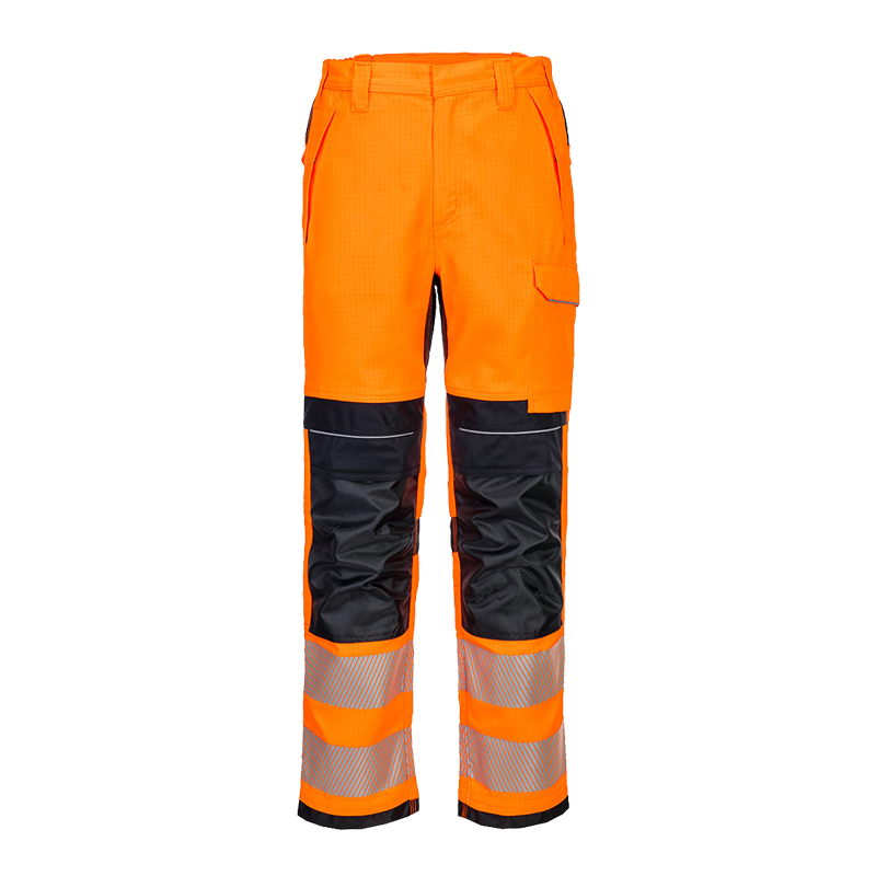 PortWest Warnschutzhose in Orange mit schwarzen Verstärkungen an den Knien, Seitentasche und reflektierenden Streifen an den Beinen
