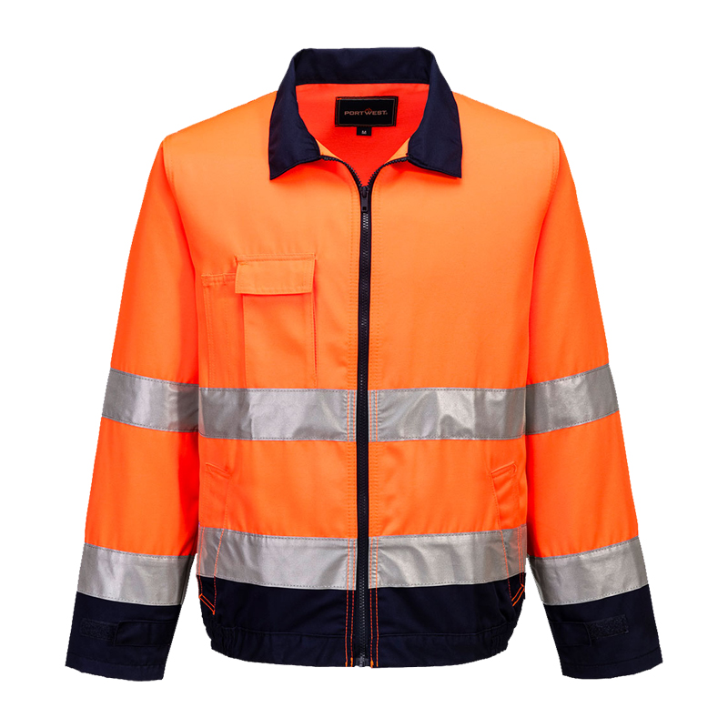 PortWest Warnschutzjacke in leuchtendem Orange mit umlaufenden Reflexstreifen, Frontreißverschluss, Brusttasche und dunkelblauen Kontrastdetails