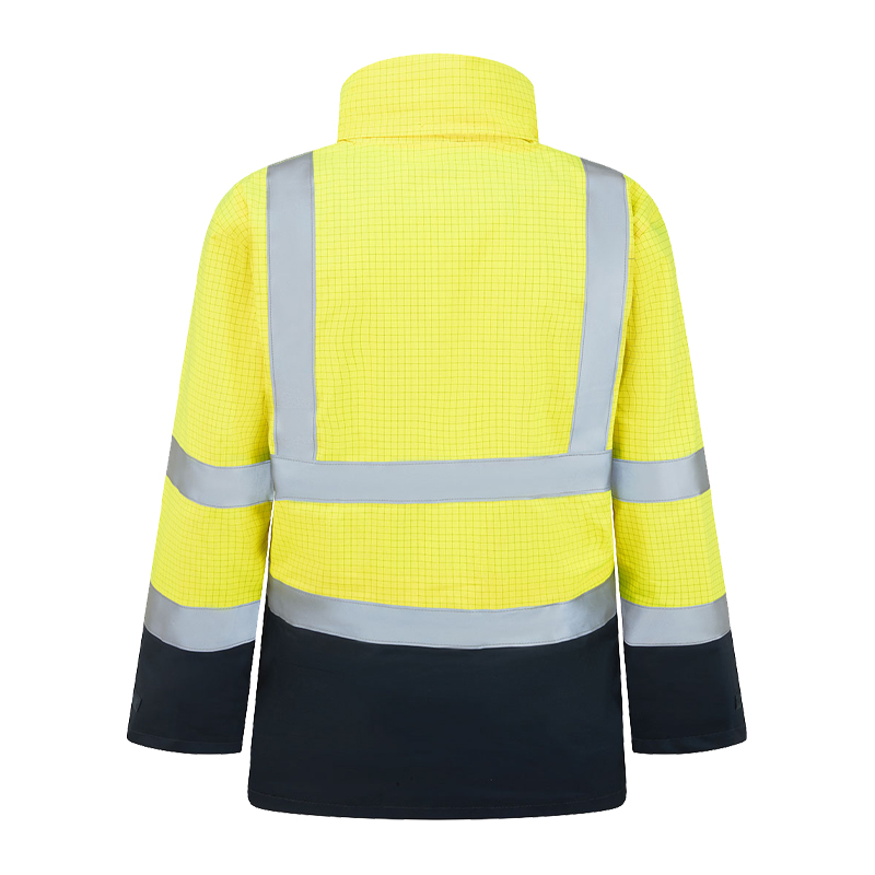 Rückansicht einer PortWest Warnschutzjacke in Gelb und Navy mit silbernen Reflexstreifen an Rücken und Ärmeln