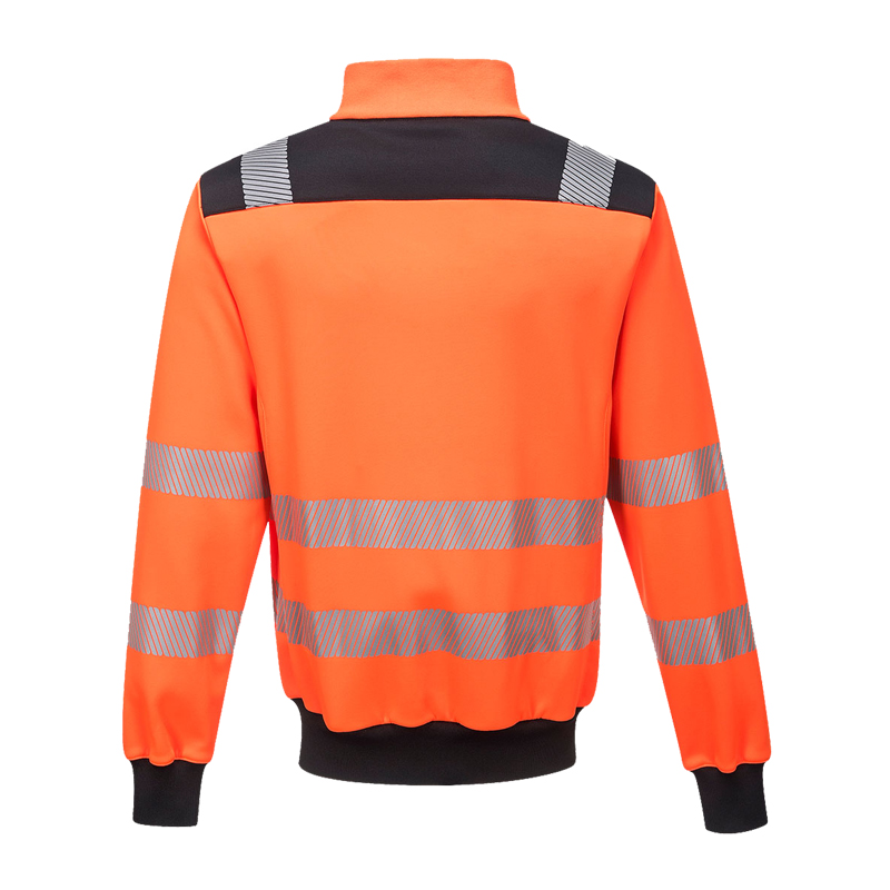 Rückansicht der PortWest PW370 Warnschutz Sweatjacke mit Reißverschluss, orange mit Reflexstreifen, EN ISO 20471 Klasse 3