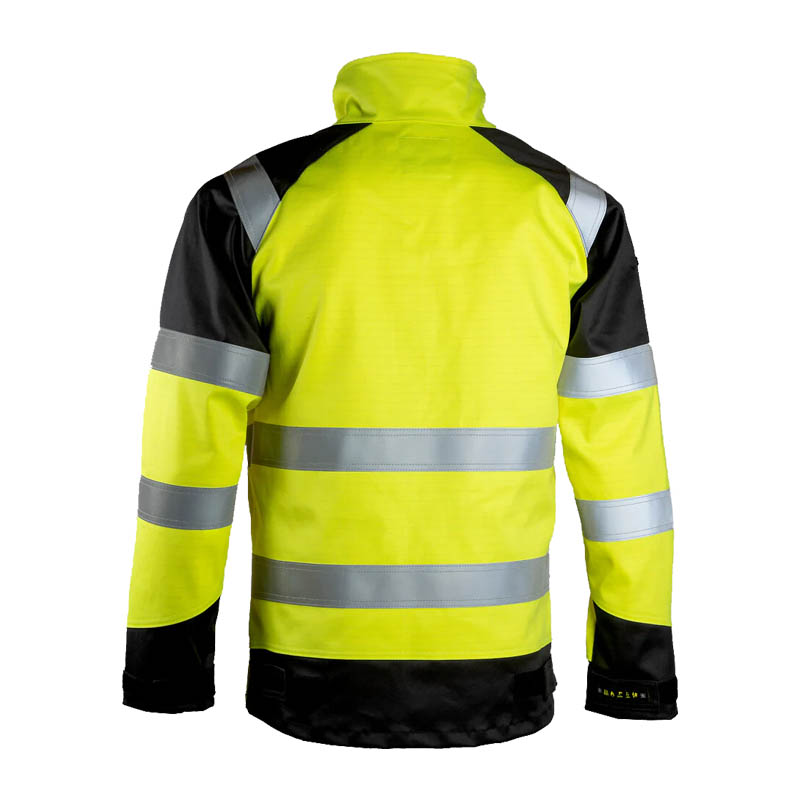 Rückansicht der Dimex 6124 MultiNorm Stretch Warnschutz Jacke Klasse 2 in Gelb-Schwarz mit Reflexstreifen, flexible Arbeitsjacke für hohe Sichtbarkeit und Schutz
