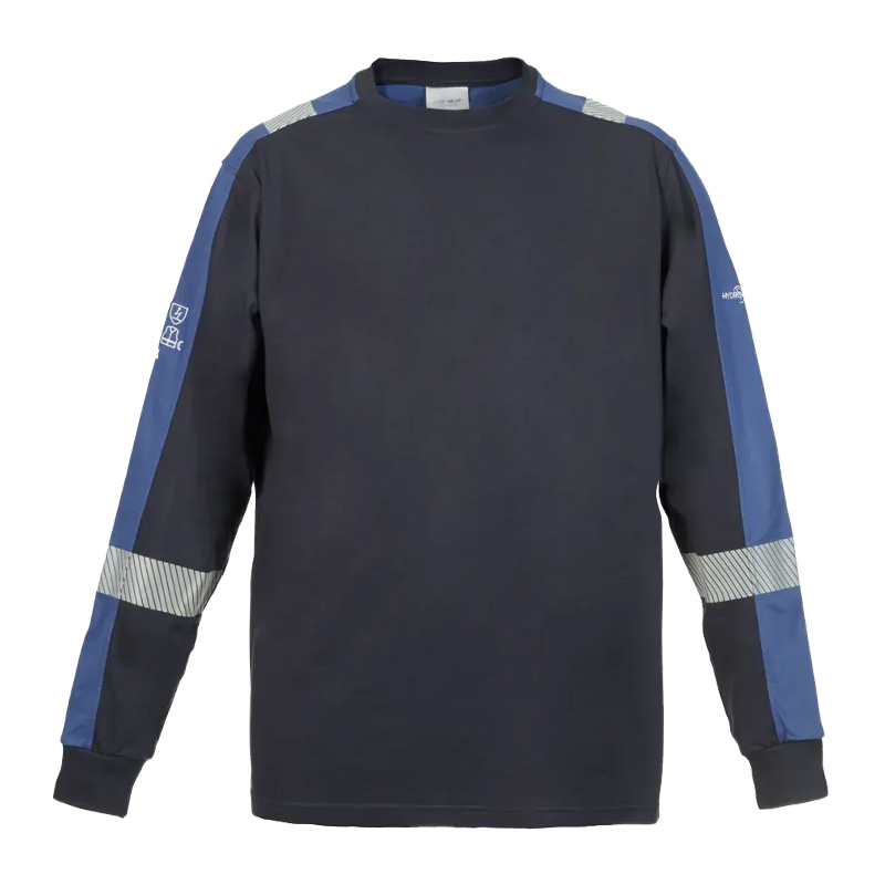 Dunkelblaues Langarm-Arbeitsshirt mit blauen Ärmeleinsätzen und Reflexstreifen an Schultern und Unterarmen, vorne freigestellt