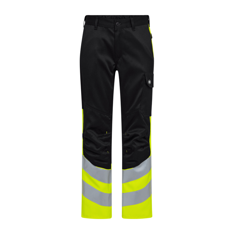 Engel Warnschutzhose in Schwarz mit fluoreszierend gelben Beinabschlüssen, reflektierenden Streifen und praktischer Beintasche