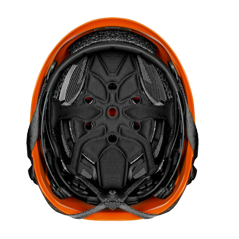 Innenansicht des Kask SUPERPLASMA PL Kletterhelms EN 12492 in Orange mit Polsterung, Belüftung und schwarzem Gurtsystem