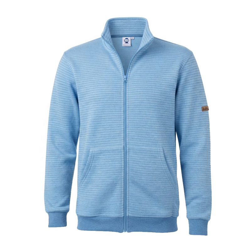 Hellblaue Mimoza ESD Zip Sweat-Jacke aus Baumwolle mit Reißverschluss und Stehkragen, ableitfähig 10⁵ bis 10⁸ Ohm nach EN 61340
