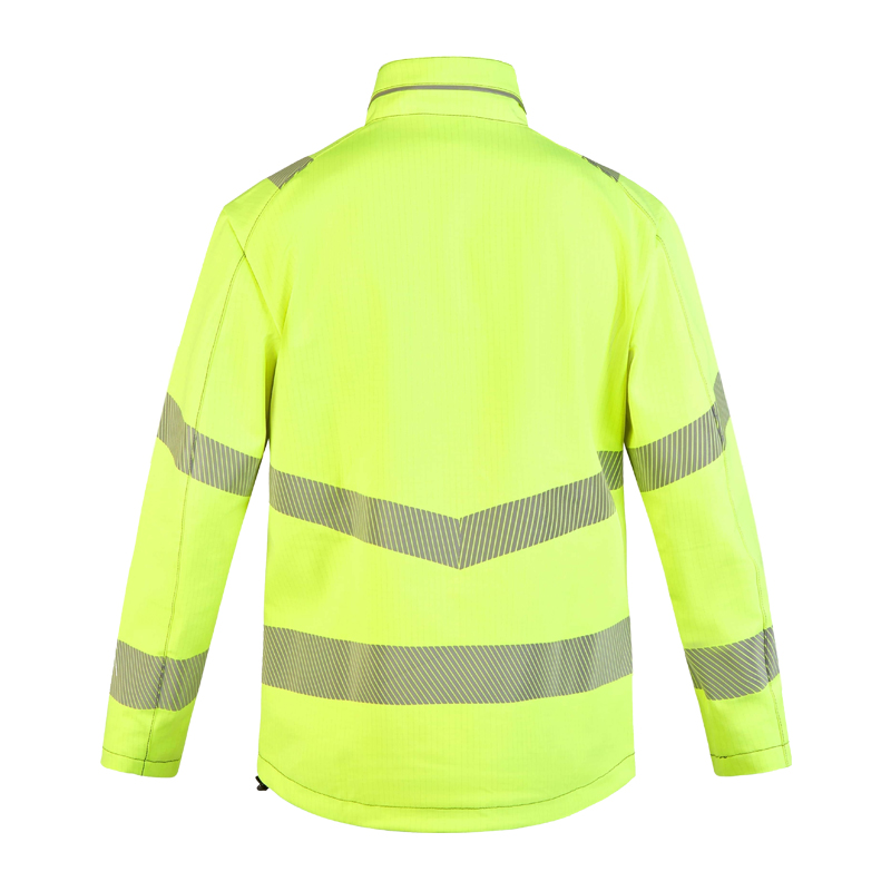 Rofa 2533 FR Hi-Vis Softshell Jacke APC2 in Leuchtgelb, Rückenansicht mit Reflexstreifen, flammhemmender Warnschutz mit Störlichtbogenschutz 4kA + 7kA
