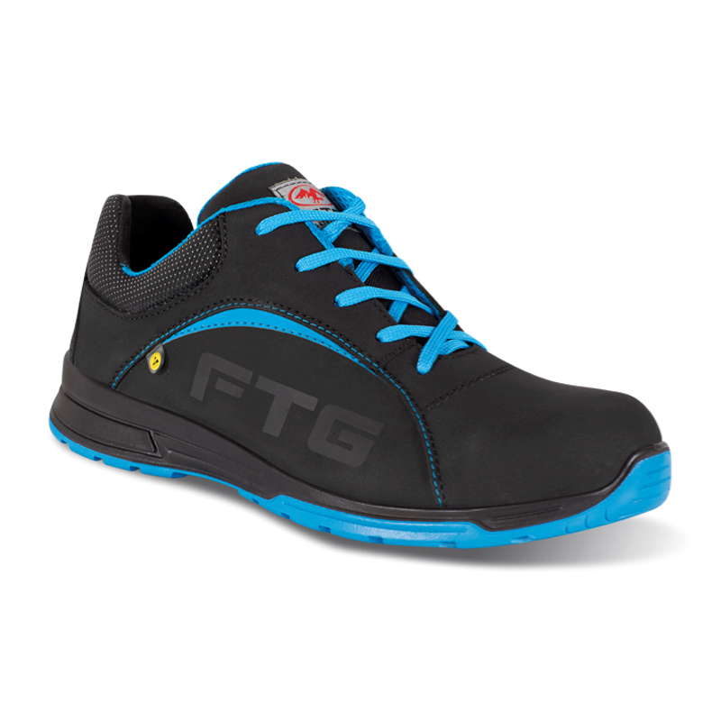 FTG Polo S3S ESD Sicherheitsschuh Sport Line, schwarzer Halbschuh aus Sicherheitsnubukleder mit blauen Schnürsenkeln und blauer Sohle