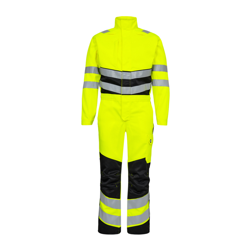 Engel Warnschutz-Overall in Neon Gelb und Schwarz mit Reflexstreifen, langärmelig, mit Stehkragen und Beintasche
