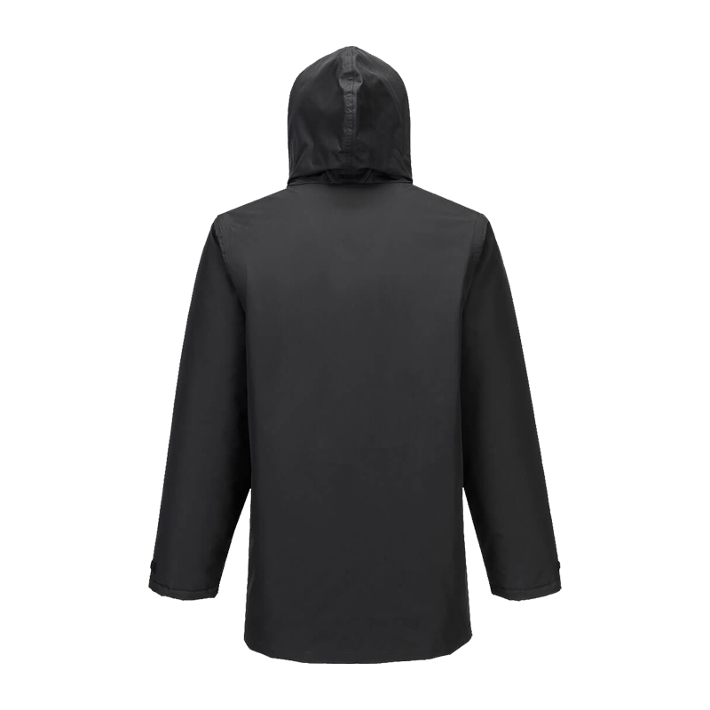 Rückansicht einer schwarzen PortWest Regenjacke mit Kapuze, lange Ärmel, wasserabweisende Arbeitsjacke