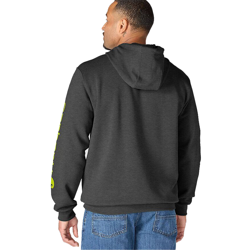 Rückenansicht des Carhartt K288 Iconic Hoodies im Loose Fit in Dunkelgrau mit Kapuze und Schriftzug am Arm