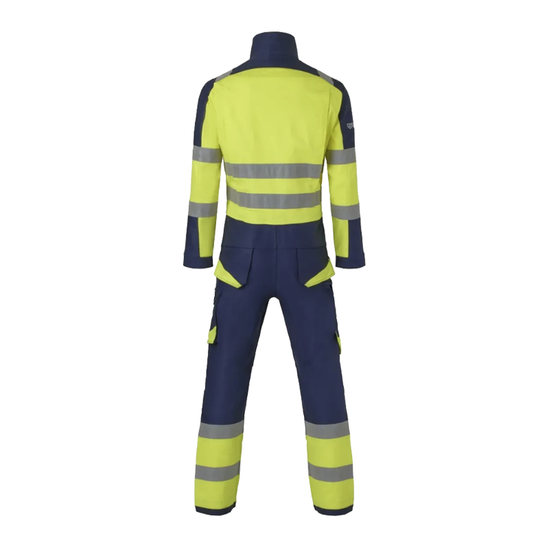 Rückenansicht eines HydroWear Warnschutz-Overalls in Gelb und Marineblau mit umlaufenden Reflexstreifen an Oberkörper, Armen und Beinen