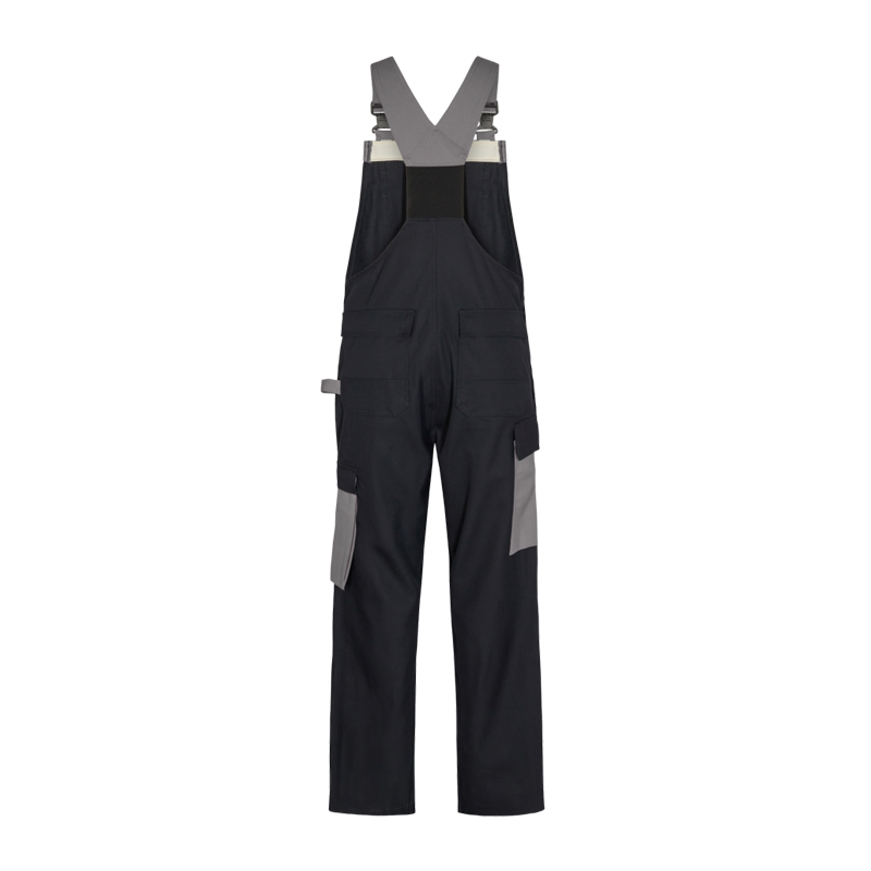 Dunkelblaue Arbeitslatzhose mit grauen Einsätzen, großen Taschen und verstellbaren Hosenträgern, freigestellt