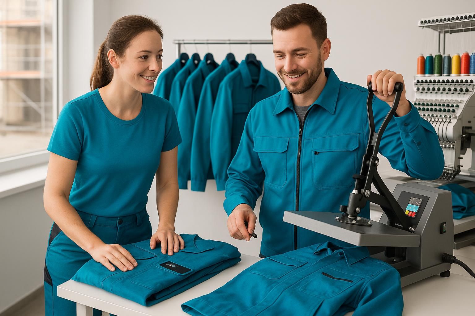 Zwei Personen veredeln türkisfarbene Arbeitskleidung mit einer Transferpresse in einem Studio für Textildruck und Berufsbekleidung.