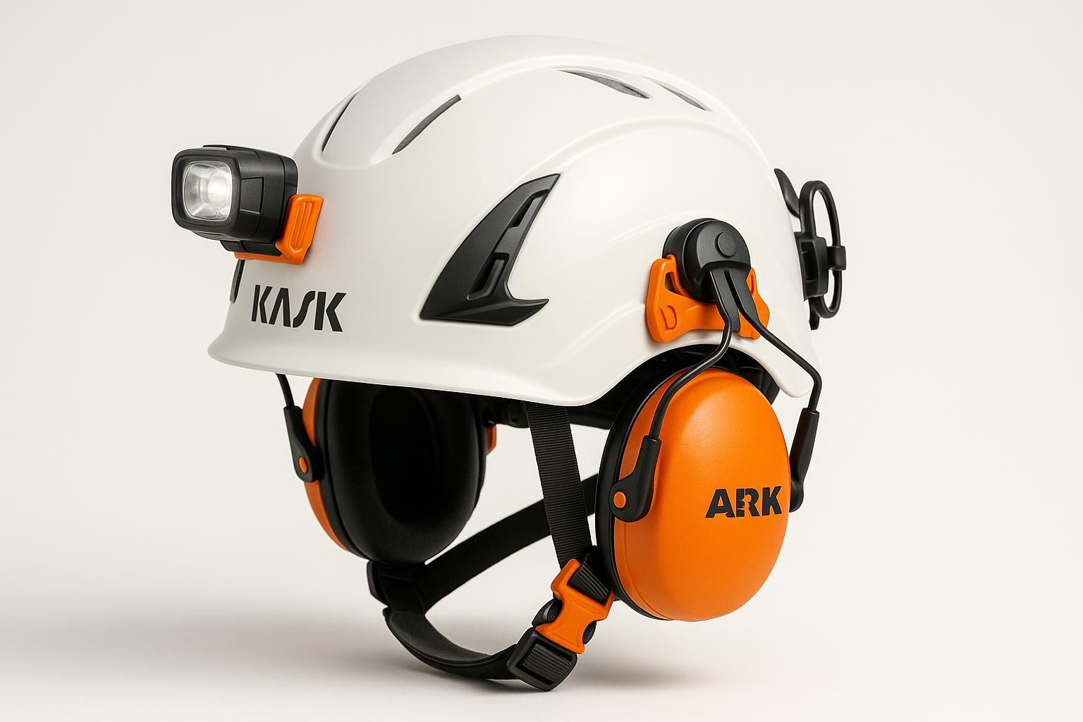 KASK Sicherheitshelm in Weiß mit montierter Stirnlampe, orangefarbenem Gehörschutz und Kinnriemen für Forst- und Industriearbeiten