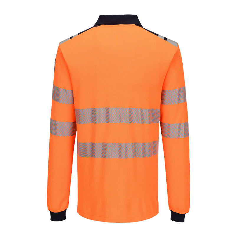 Rückansicht eines orangefarbenen PortWest Warnschutz-Langarmshirts mit reflektierenden Streifen an Rumpf und Ärmeln