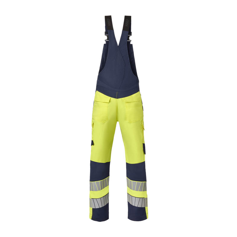 HaVeP Warnschutz-Latzhose in Gelb und Marineblau mit Reflexstreifen, Arbeitslatzhose mit verstellbaren Trägern und Taschen