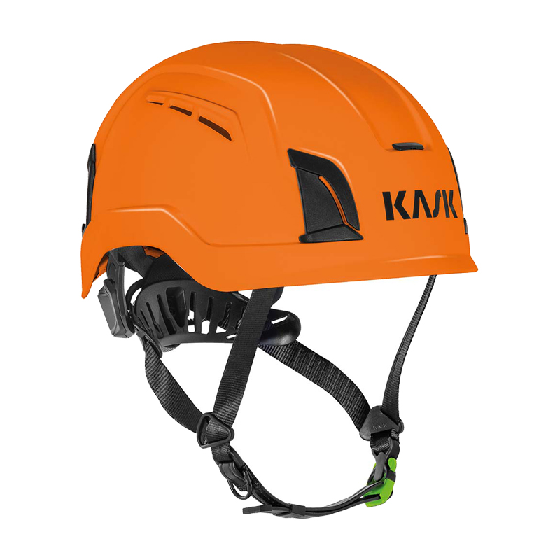 Kask KASK ZENITH-X PL Kletterhelm EN 12492 in Orange mit Belüftungsschlitzen und Kinnriemen, Seitenansicht