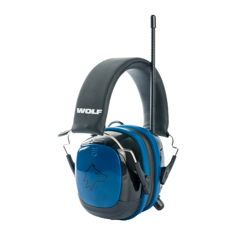 Wolf Protection Kapselgehörschutz in Blau und Schwarz mit gepolstertem Bügel und integrierter Funkantenne, ideal als professioneller Gehörschutz