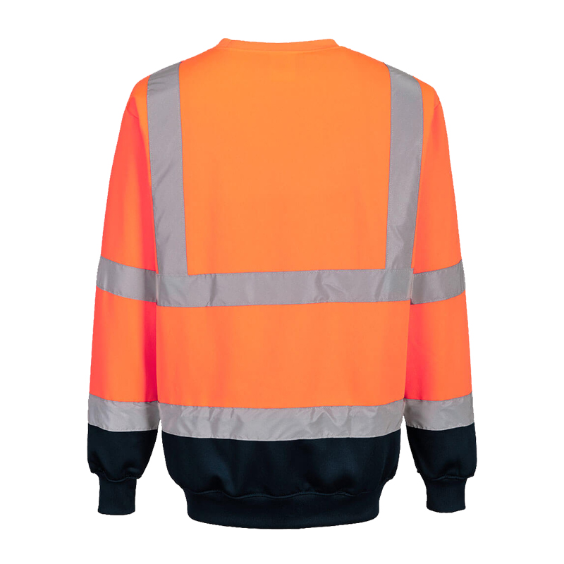 Rückansicht eines PortWest Warnschutz-Sweatshirts in Orange mit langen Ärmeln, dunklem Saum und umlaufenden Reflexstreifen für hohe Sichtbarkeit