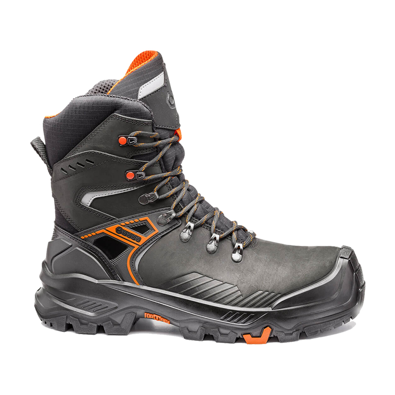 BASE T-Rex Top S3S Sicherheitsstiefel B1610 von Base, hoher robuster Arbeitsstiefel in Schwarz mit orangefarbenen Details für Industrie, Handwerk und Baustelle