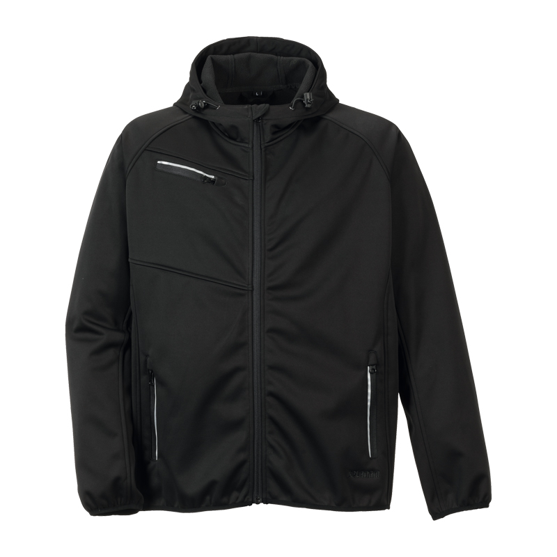 Planam Fog Softshelljacke mit Stretch und Kapuze in Schwarz, Frontansicht mit Reißverschluss und Taschen