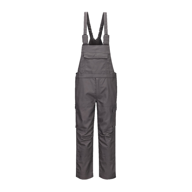 PortWest graue Arbeitslatzhose mit verstellbaren Trägern, Brusttasche und seitlichen Taschen, robuste Latzhose für Arbeit und Handwerk