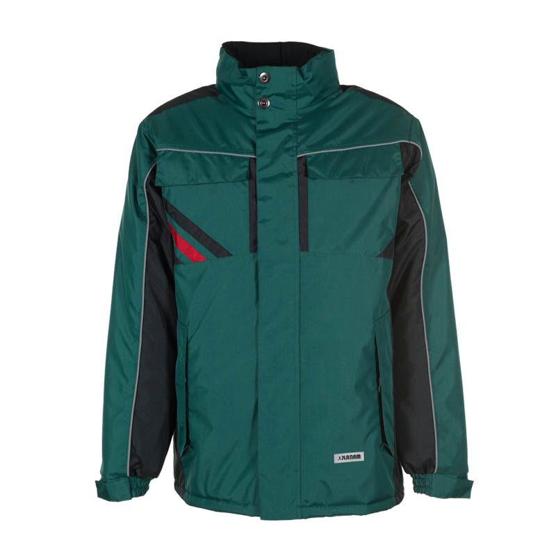 Planam Highline Winter Jacke von Planam in Grün-Schwarz, warme Arbeitsjacke mit Stehkragen und sportlichen Kontrasteinsätzen, Frontansicht