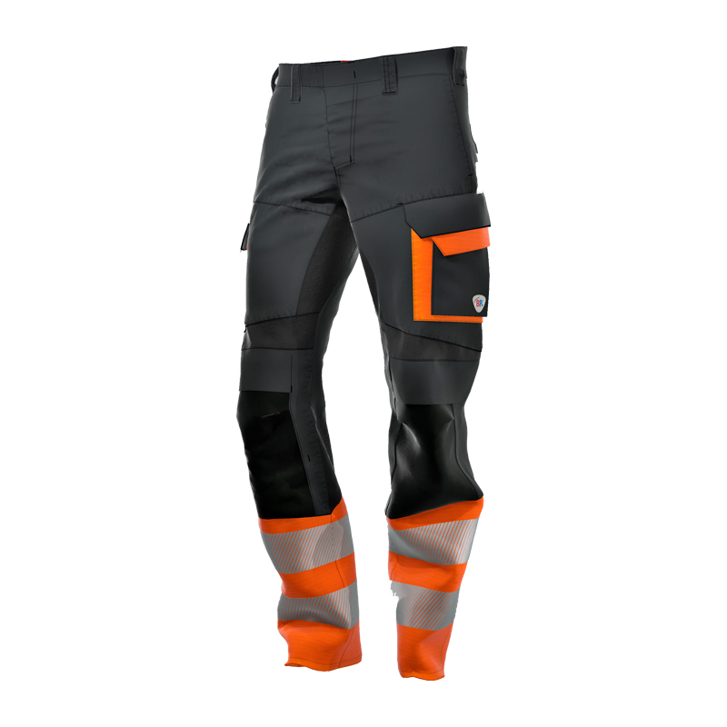 BP Bierbaum Proenen BP 2215 Hi-Vis MultiNorm Hybrid Hose 4 kA | APC1 in Schwarz mit Warnorange, Reflexstreifen und aufgesetzter Beintasche