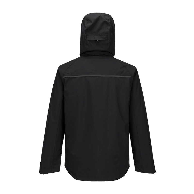 Rückansicht einer schwarzen PortWest Jacke mit Kapuze, langen Ärmeln und schlichtem Design, ideal als Arbeits- und Outdoorjacke.