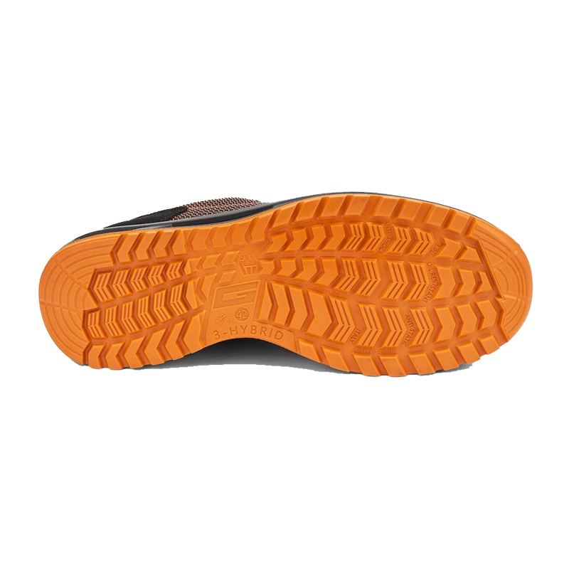 Ansicht der orangefarbenen Profilsohle des Giasco 3Hybrid ESD Burgaz Sicherheitsschuhs S1PL mit rutschhemmendem 3Hybrid Laufsohlenprofil und max. Dämpfung