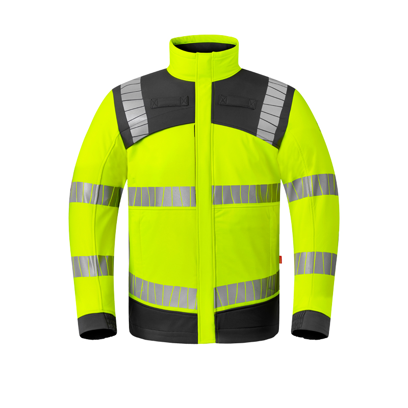 HaVeP Multi Protector+ MultiNorm Warnschutz SoftShell Jacke APC1, gelb-schwarz, Vorderansicht mit umlaufenden Reflexstreifen und hohem Stehkragen