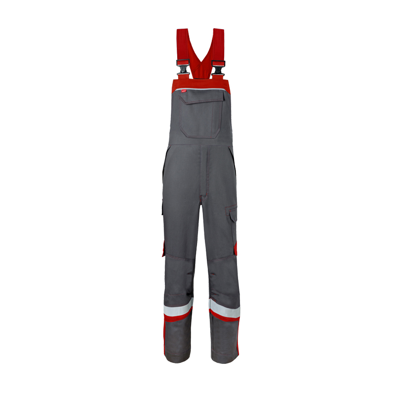 HaVeP 5Safety Image+ 20291 MultiNorm Latzhose APC2 von HaVeP, grau-rot mit Brusttasche, roten Trägern und Reflexstreifen am Bein