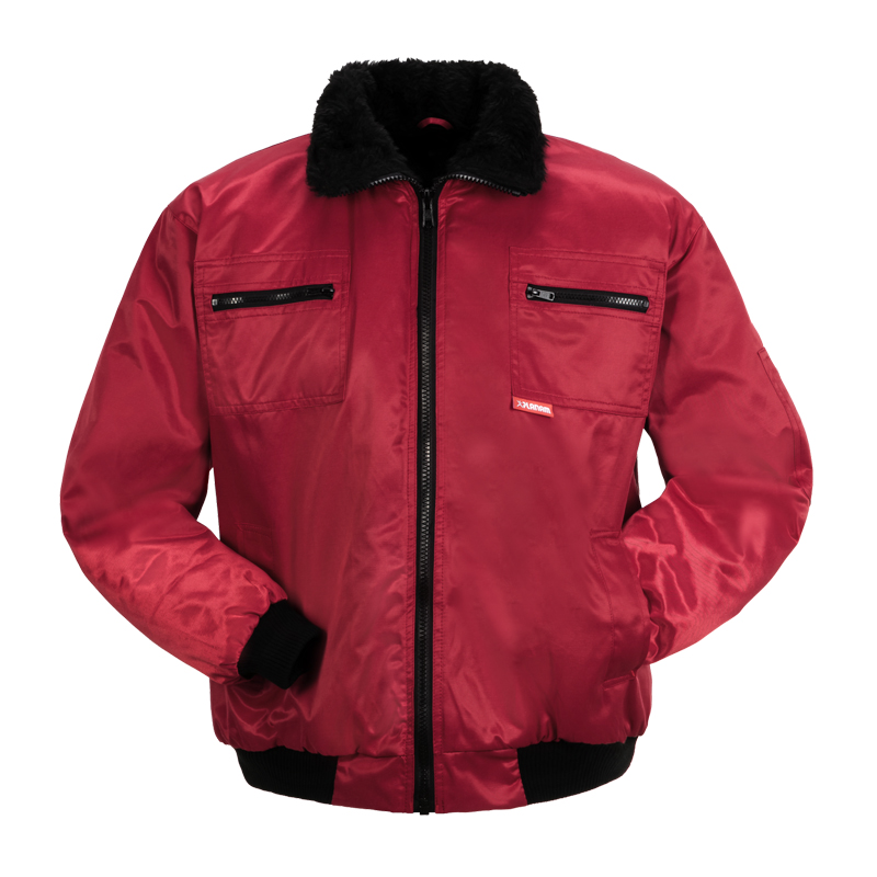 Planam Gletscher Piloten Jacke nach EN 342, rote Winter-Arbeitsjacke mit schwarzem Fellkragen und Reißverschlusstaschen