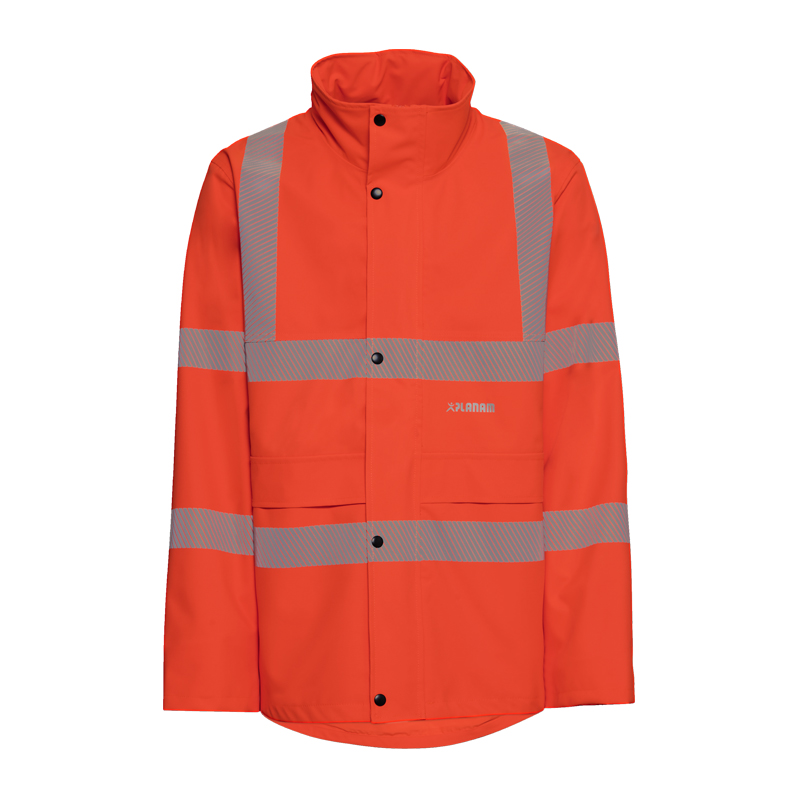 Planam Warnschutzjacke in leuchtendem Orange mit umlaufenden silbernen Reflexstreifen, hohem Kragen und Frontverschluss