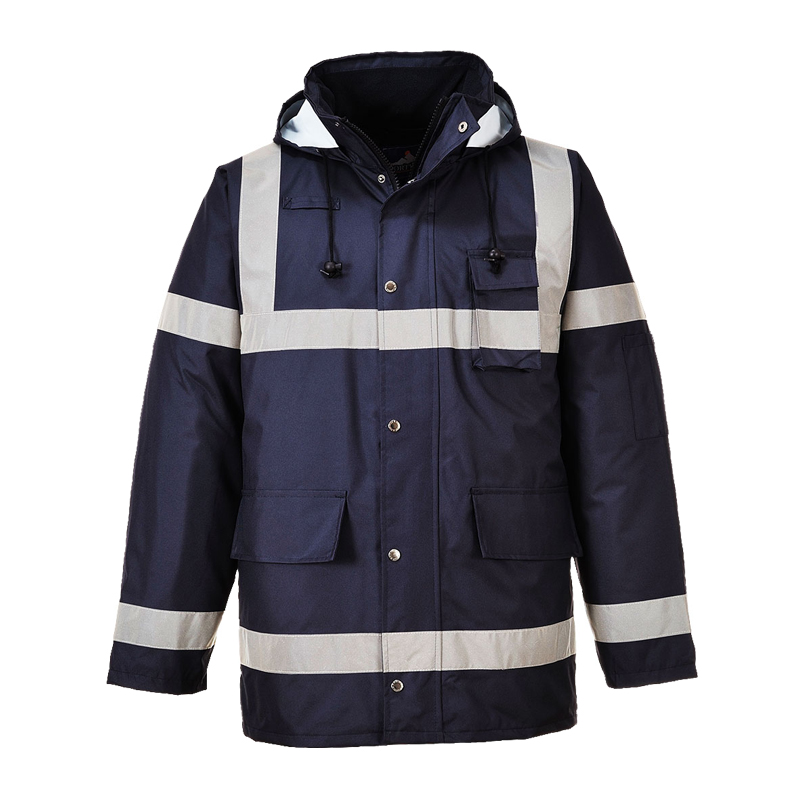 PortWest Warnschutzjacke in Navyblau mit silbernen Reflexstreifen, Kapuze und praktischen Taschen für Arbeit und Schutz bei schlechter Sicht