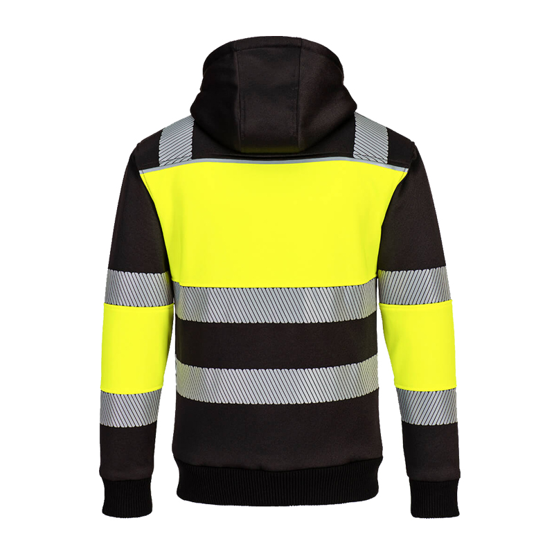 Rückansicht einer Portwest Warnschutz-Kapuzenjacke in Gelb und Schwarz mit breiten Reflexstreifen an Rücken, Schultern und Ärmeln