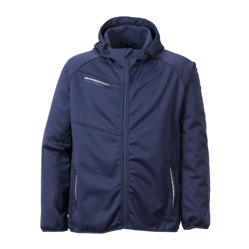 Planam Fog Softshelljacke mit Stretch und Kapuze in Dunkelblau, funktionale Arbeitsjacke mit Reißverschluss und Taschen