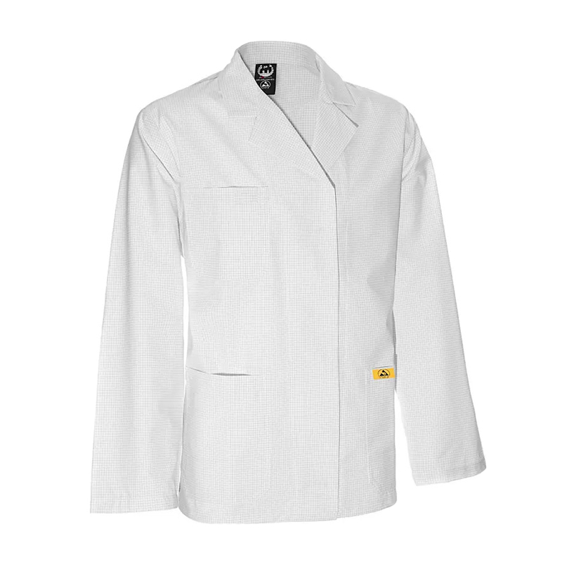 Weiße Mimoza ESD Jacke für Produktschutz in EPA-Bereichen 10⁵ bis 10⁸, antistatisch nach EN 61340
