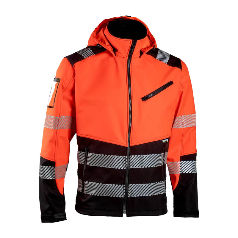 Dimex 6099E Warnschutz SoftShell Jacke mit Kapuze Klasse 2 in Orange-Schwarz mit Reflexstreifen, Frontansicht