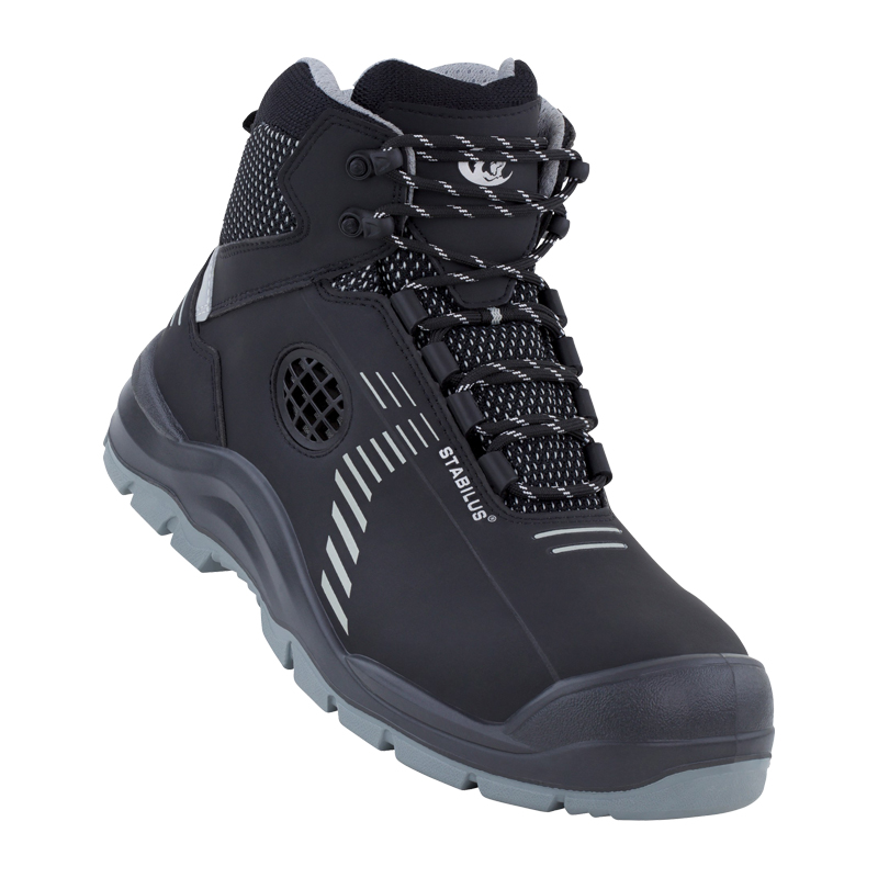 Stabilus Lou Mid Grey ESD S3 Sicherheitsstiefel metallfrei, schwarzer Mid-Cut-Arbeitsstiefel mit grauer Sohle und Schnürung