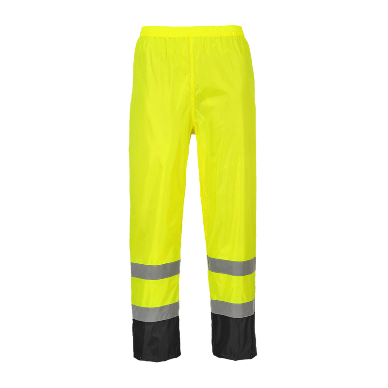 PortWest Warnschutzhose in leuchtendem Gelb mit Reflexstreifen und schwarzen Beinabschlüssen, ideal für hohe Sichtbarkeit bei der Arbeit
