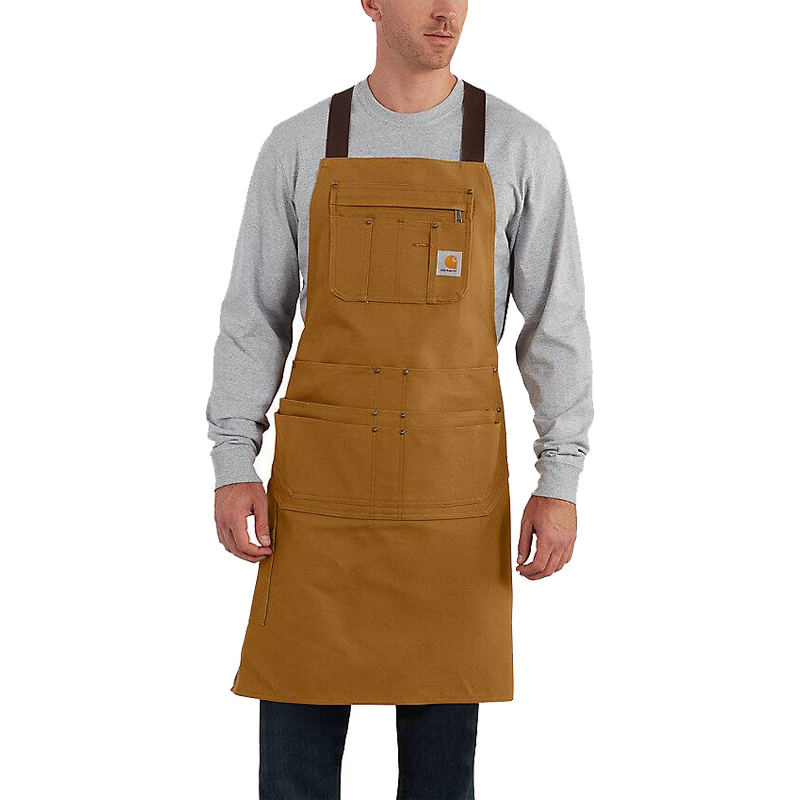 Carhartt 106667 Latzschürze mit Taschen aus festem Duck Material, 83 cm Länge, braun, frontal getragen