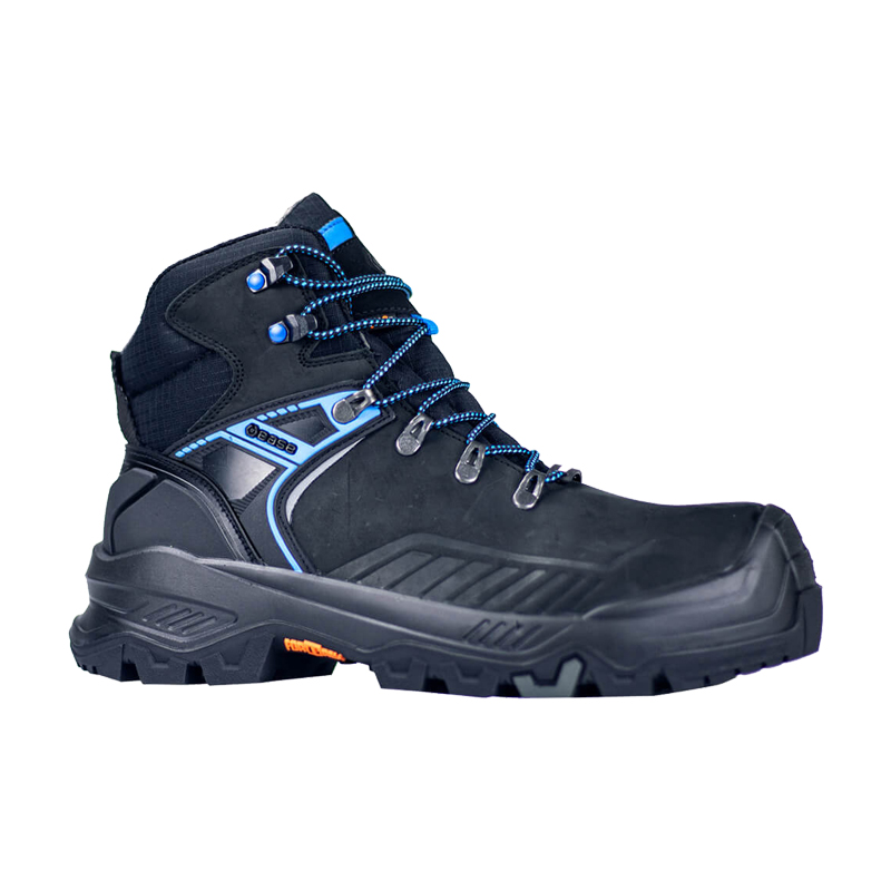 BASE T-Fort Mid S7S Sicherheitsstiefel B1603 HRO CI HI von BASE, schwarzer Arbeitsstiefel mit blauen Schnürsenkeln, knöchelhohem Schaft und robuster Profilsohle