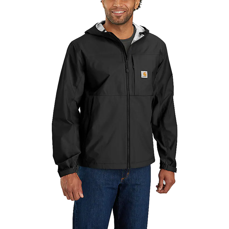 Herren tragen Carhartt 105751 Monterey leichte Wetterschutz-Jacke mit Kapuze in Schwarz, wasserdicht und mit Reißverschluss