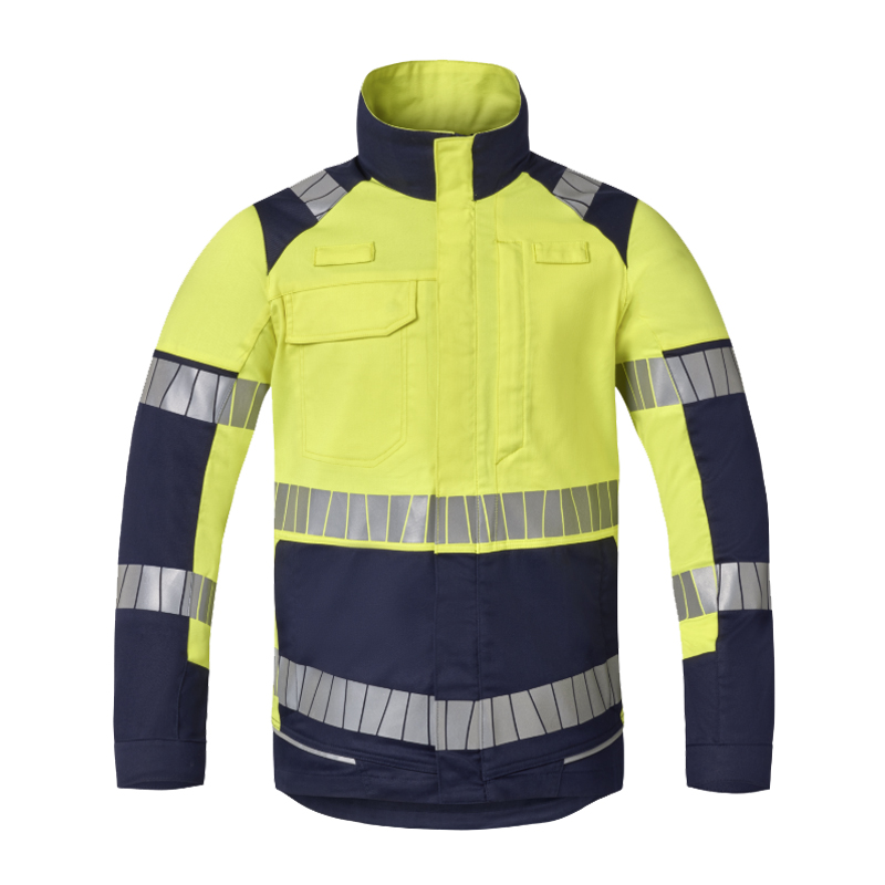 HaVeP Warnschutzjacke in Gelb und Marineblau mit umlaufenden Reflexstreifen, Stehkragen und Brusttaschen, Frontansicht