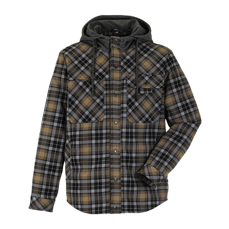 Planam Outdoor Thermohemd mit Teddyfutter als kariertes Hemd in Braun-Grau mit Kapuze und Brusttaschen
